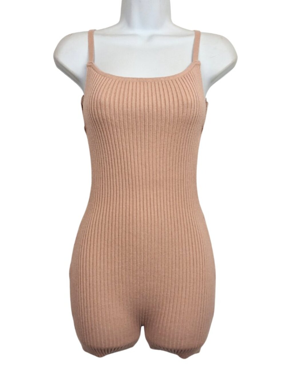 TIC TOC Romper Open Back Blush Tan Ribbed Knit Spaghetti Strap Bodycon Small NWT